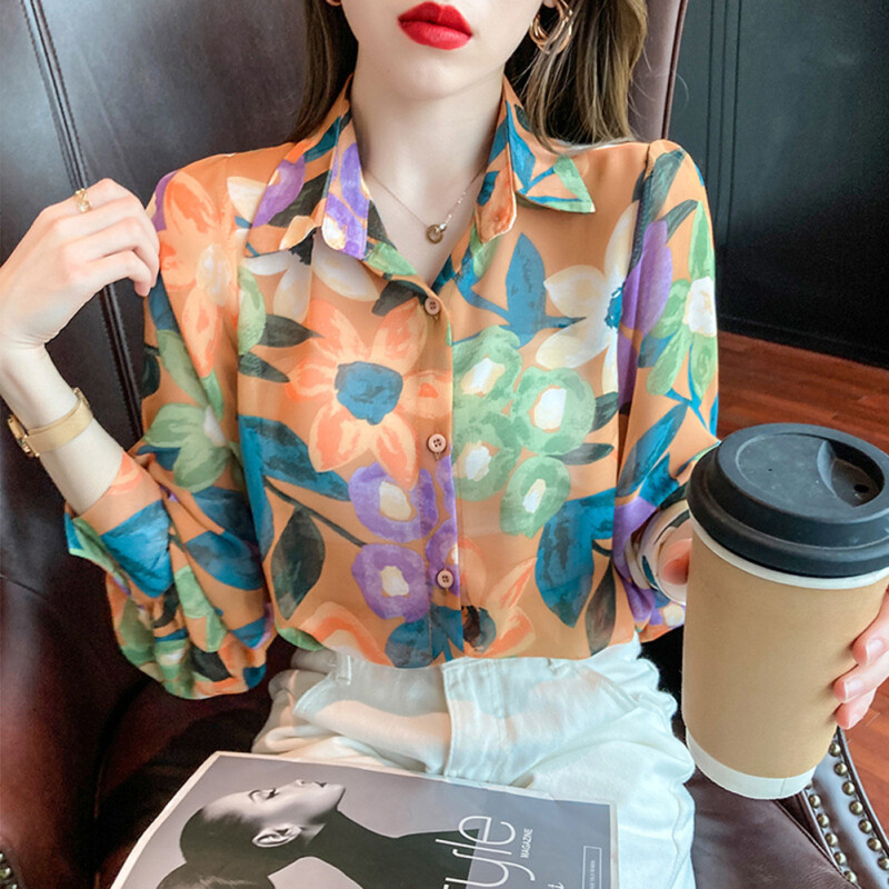 Women Chiffon Long-sleeve Shirts Retro Contrasting Color Printing Lapel Collar Lantern Sleeve Floral Tops Blouse Work Shirt