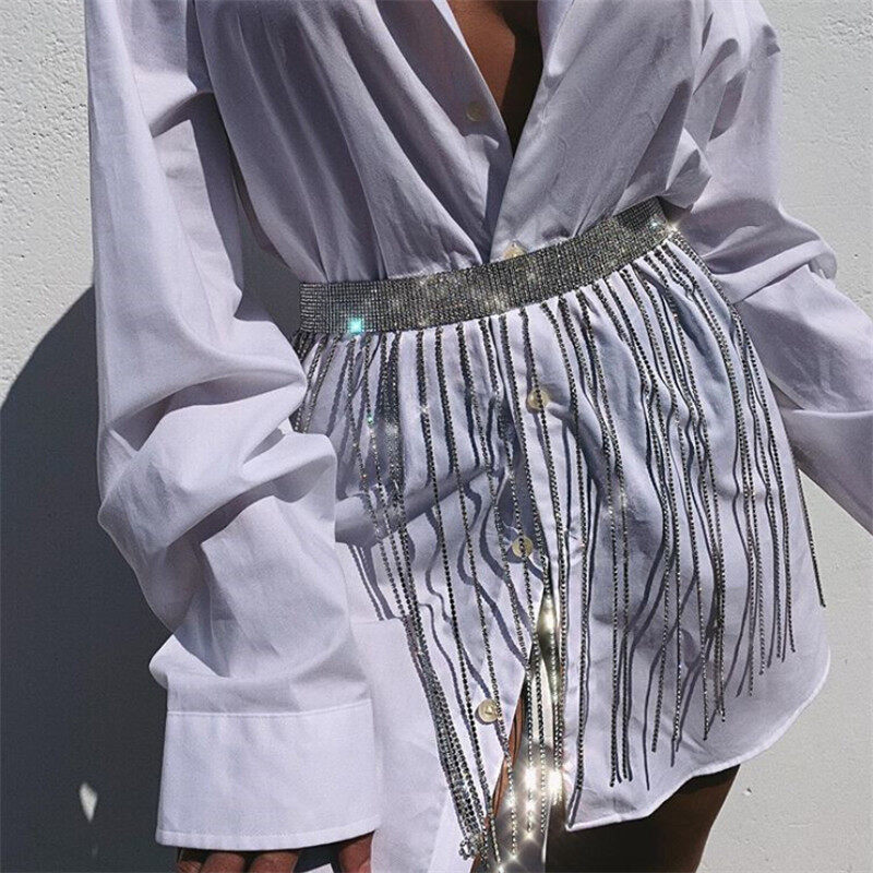 Bling Rhinestone Belts Long Tassel Fringe Belt Gold Crystal Chain Wedding Bridal Belt Straps For Women Belt Accessory