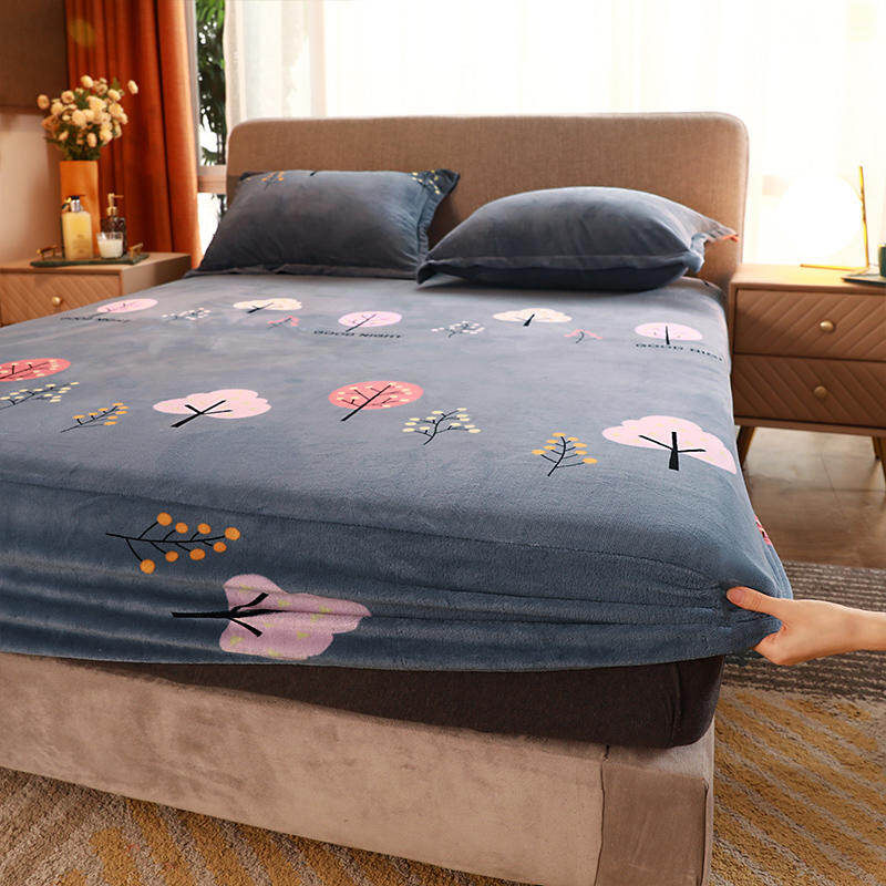 【JJT】Bed Cover With Elastic Bed Sheet Queen Size Gray Color Flannel Fitted Sheets Four Corners With Elastic Band