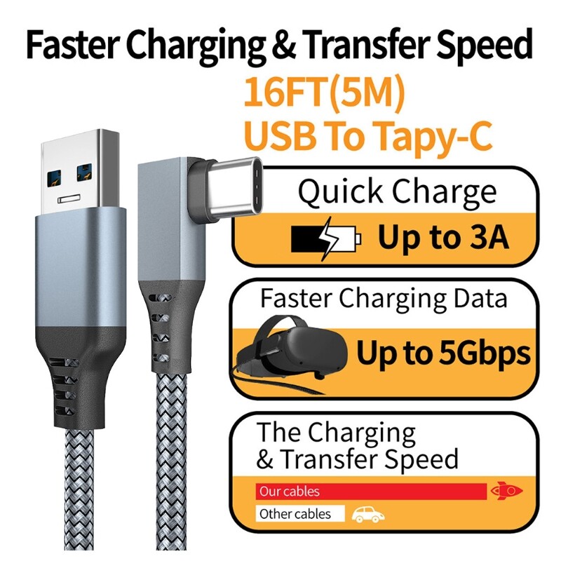 For Oculus Quest 2 Type- C Link USB- C Steam VR Data Cable 5m/16ft Transfer Link Cable Fast Charging