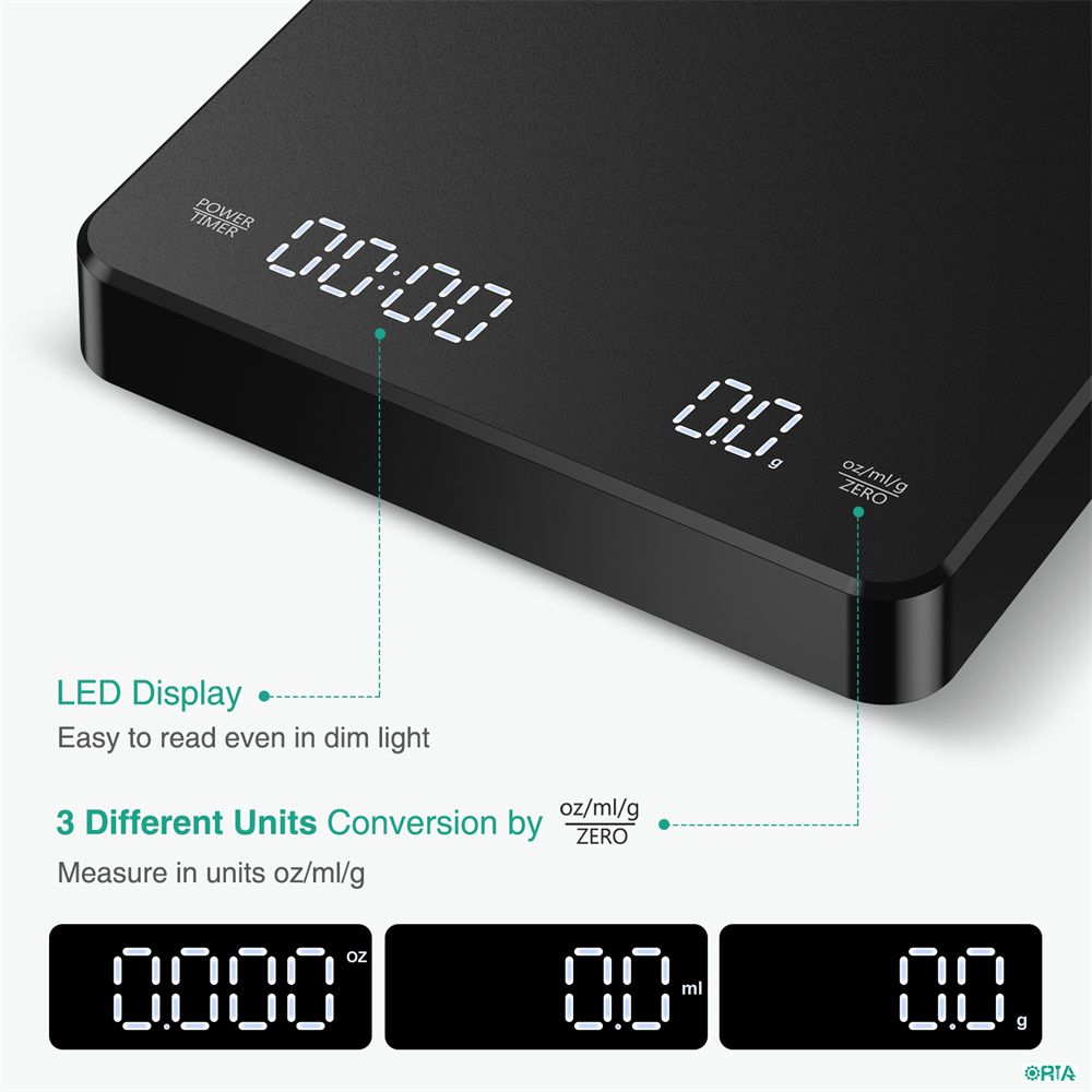 ORIA Digital Coffee Scale, Rechargeable Coffee Scale with Timer, 3kg/0.1g Drip Espresso Scale with Touch Sensor Operation and Invisible Screen, Measures in Grams, Ounces, and Milliliter Black