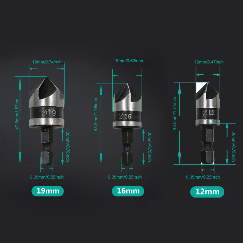 3PCS Countersink Drill Bit Hss Hex Chamfer Five Pears Hexagonal 90 Degrees Boring Drill Shank Carbon Steel Woodworking Tools Set