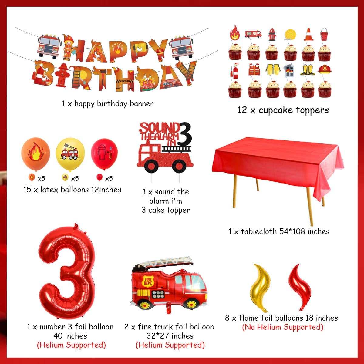Fire Truck 3rd Birthday Cake Toppers - 25pcs Set, 'Sound The Alarm I'm 3' Cupcake Decorations