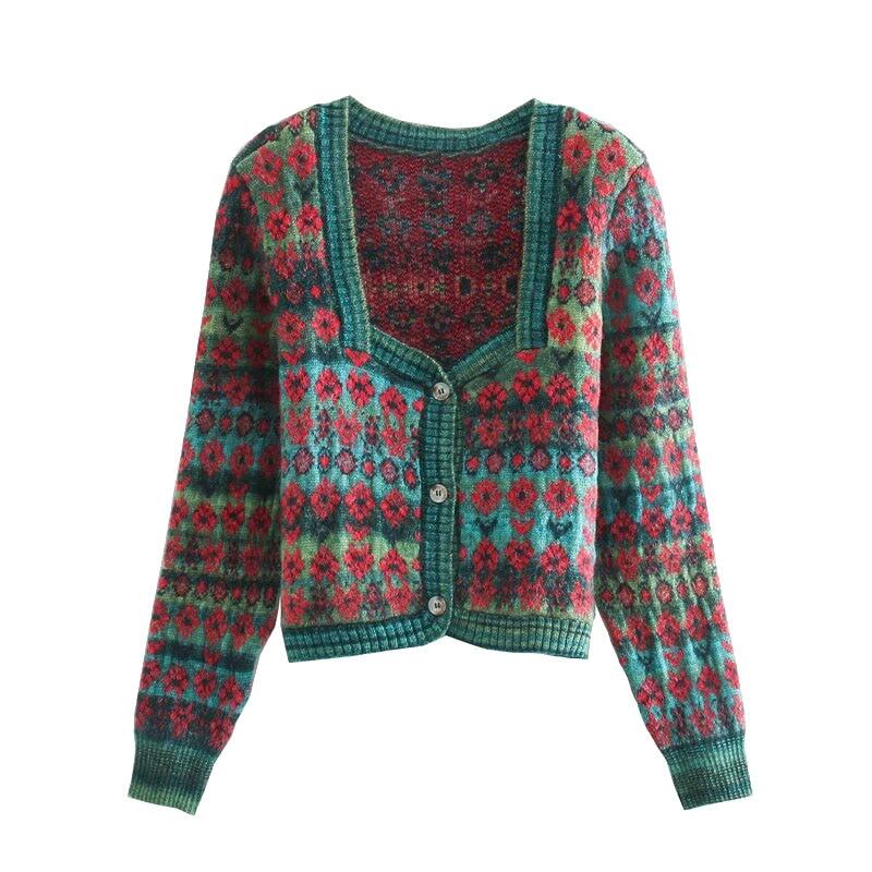 Kayleigh Women Fashion Jacquard Cropped Knitted Cardigan Sweater Vintage Square Collar Button-up Female Outerwear Chic Tops