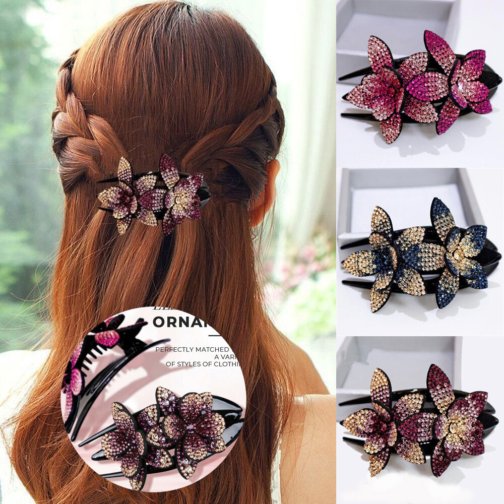 1X Hair Clip Rhinestone Double Flower Hair Clip Crystal Hair Dovetail Clip Hairpin Fashion Hair Accessories Elegant Hairgrip