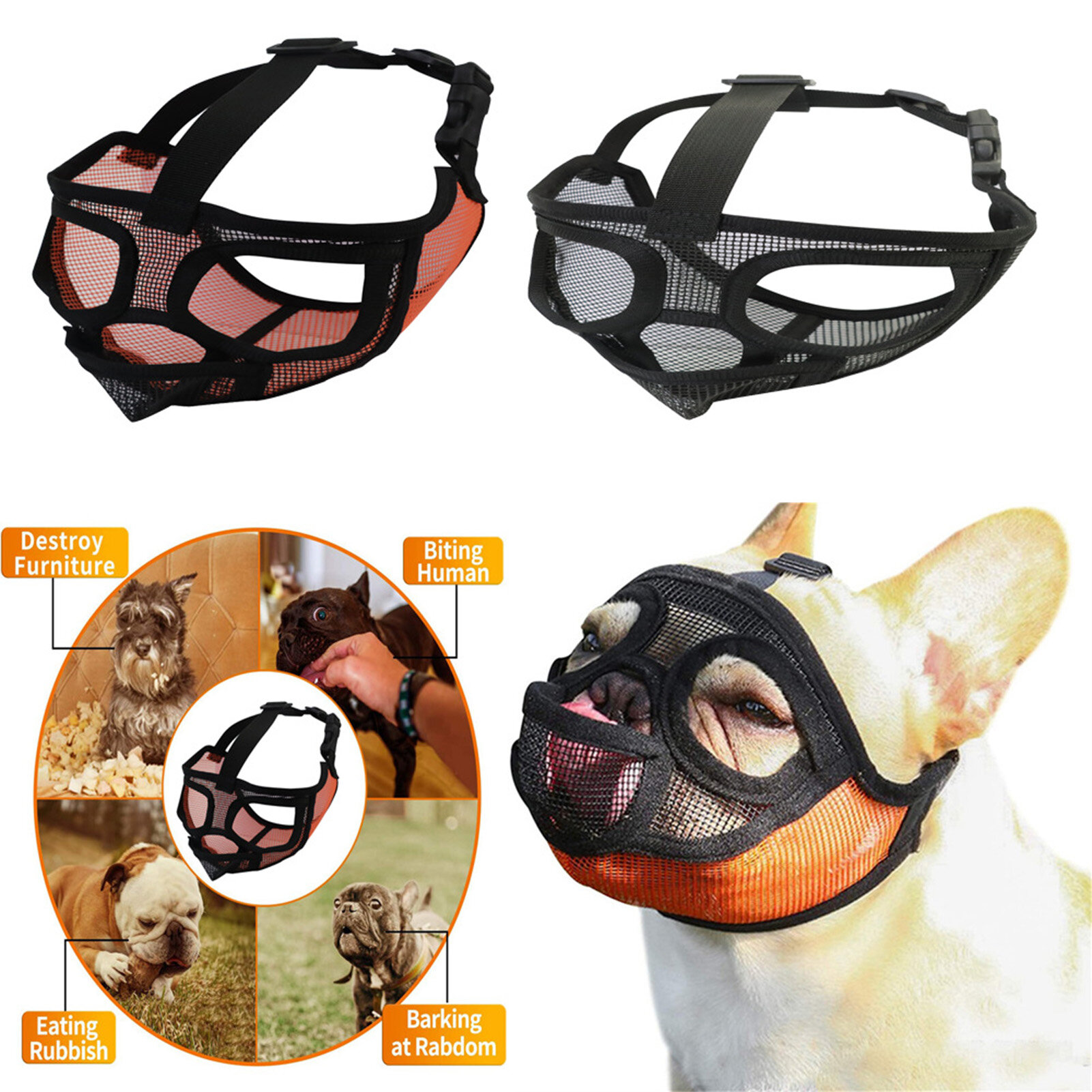 Pet Dog Muzzle Adjustable Buckle Breathable Nylon Pet Muzzles Anti-Barking Mouth Cover for French Bulldog