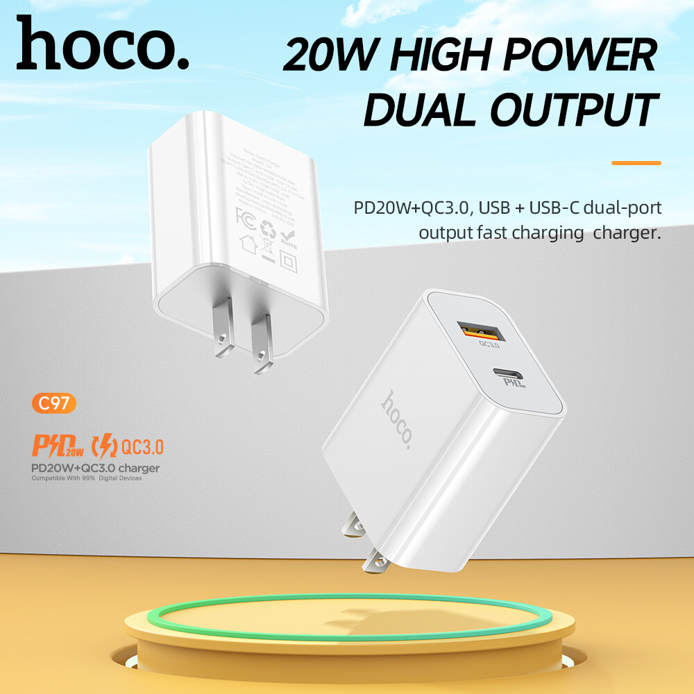 Hoco c97 fast charge pd20w applicable to iphone wall charger qc3.0 usb c travel adaptor for iphone ipad pro with type-c to type-c/type-c to ip cable