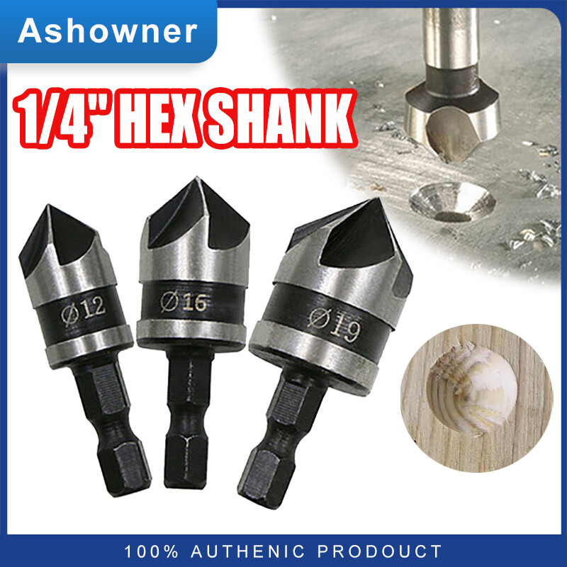 3PCS 12/16/19mm 5Flute Hex Countersink Boring Drill Bit Set for Wood Metal Quick Change Drill Bit Tool Chamfer Drilling Tools
