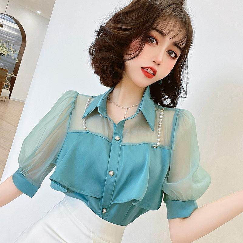 Chiffon Shirt Women's Summer 2023 New Design Sense Small French Temperament Spliced Pearl Short Sleeve Top Tide
