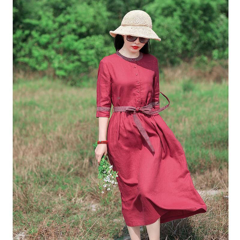 ForeverComfort New Arrival Women Travel Casual Midi Dress Soft Cotton Linen Loose Cozy Summer Dress Office Lady Work Dress Plus Size 4BD004