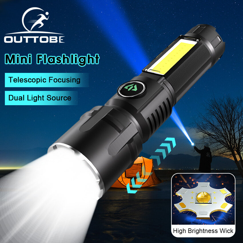 Outtobe Mini Torch Light Portable Mini Flashlight Telescopic Focus Flashlight Dual Light Source Ultra Light Strong Light USB Charging For Night Fishing Running Camping Hiking Adventure