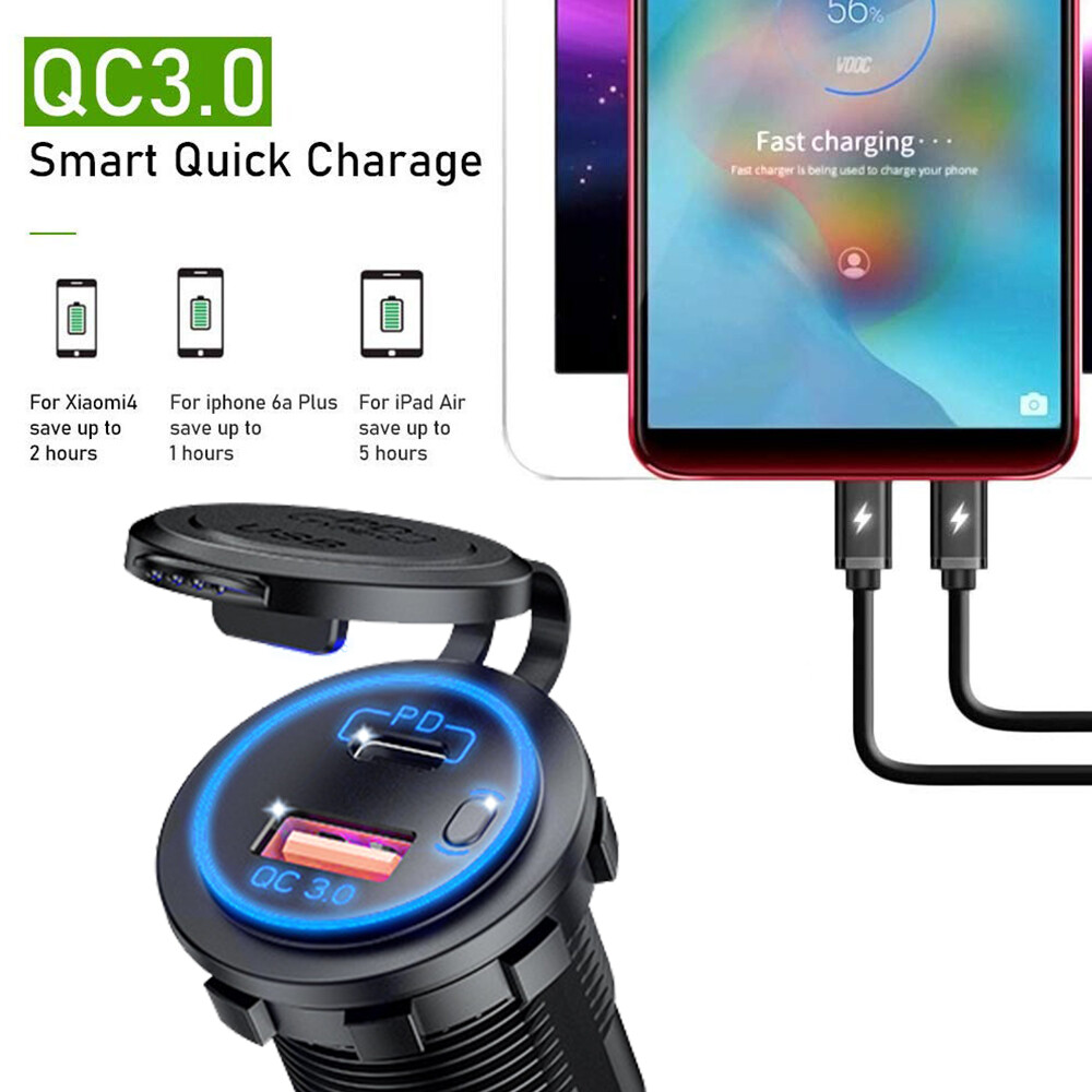 12V/24V 60W Quick Charge Car Charger QC3.0 USB+PD Type C Socket Voltmeter Power Adapter for Motorcycle