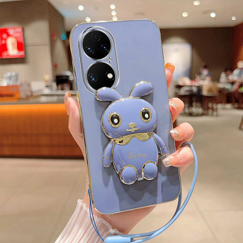 6D Plating Soft Case For Huawei P50 Case HuaweiP50 P50 Silicone Phone Cover Casing Cartoon Rabbit Stand