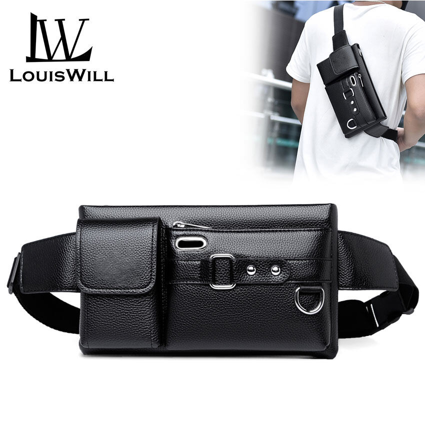 LouisWill Sport Waist Pack Cross Body Bag Pouch Bag Casual Men Chest Bag Men Fashion Shoulder Bag Waist Belt Bag Waterproof PU Leather with Headphone Hole for Travel Outdoor