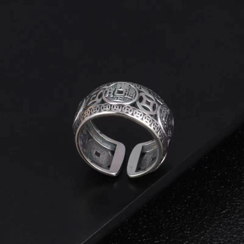 Vintage Old-Fashioned Lucky Five Emperors Copper Coin Ring for Men and Women Chinese Style Trendy Distinctive Plated S925 Sterling Silver Ring
