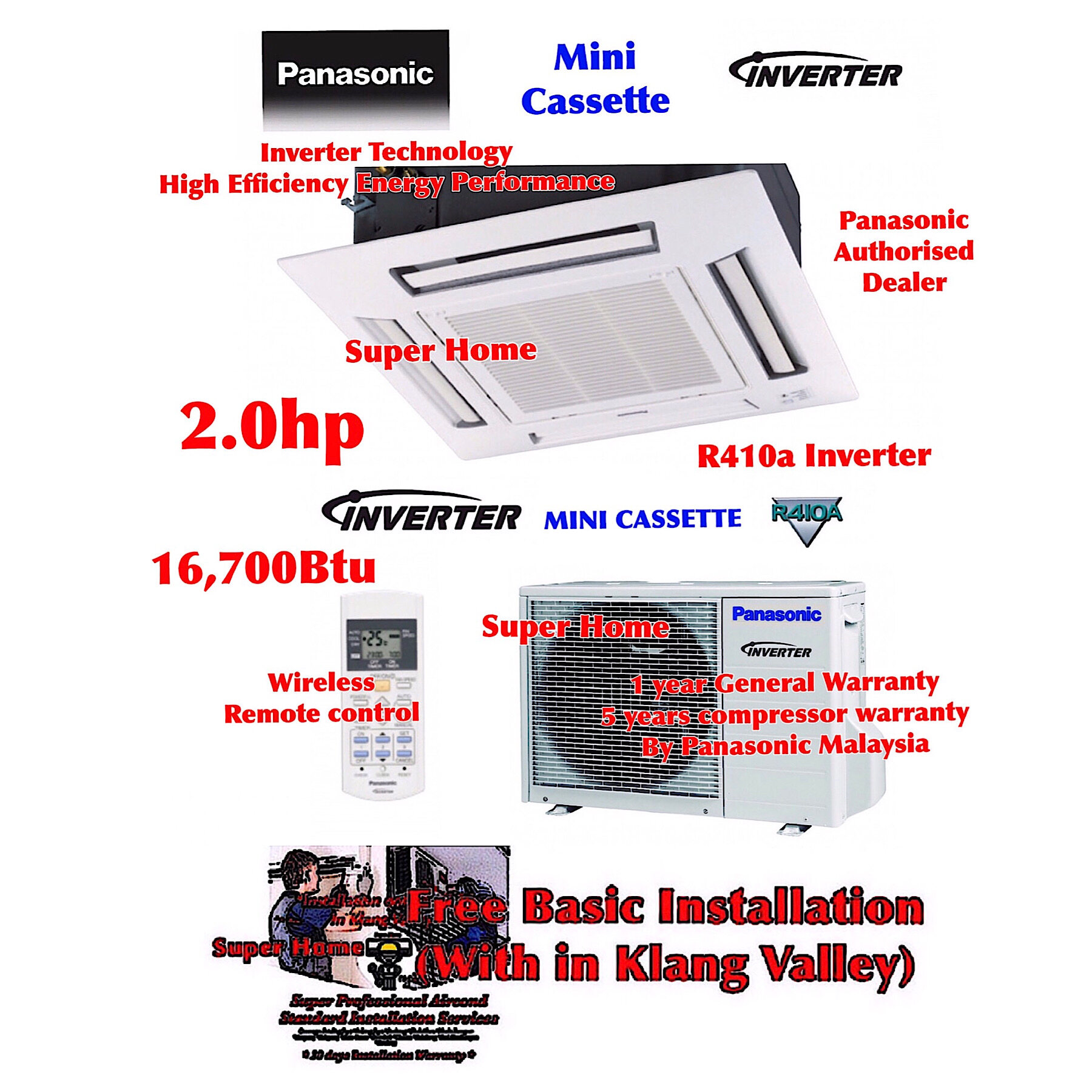 Panasonic 4-Way Ceiling Mini Cassette Inverter Air Conditioner