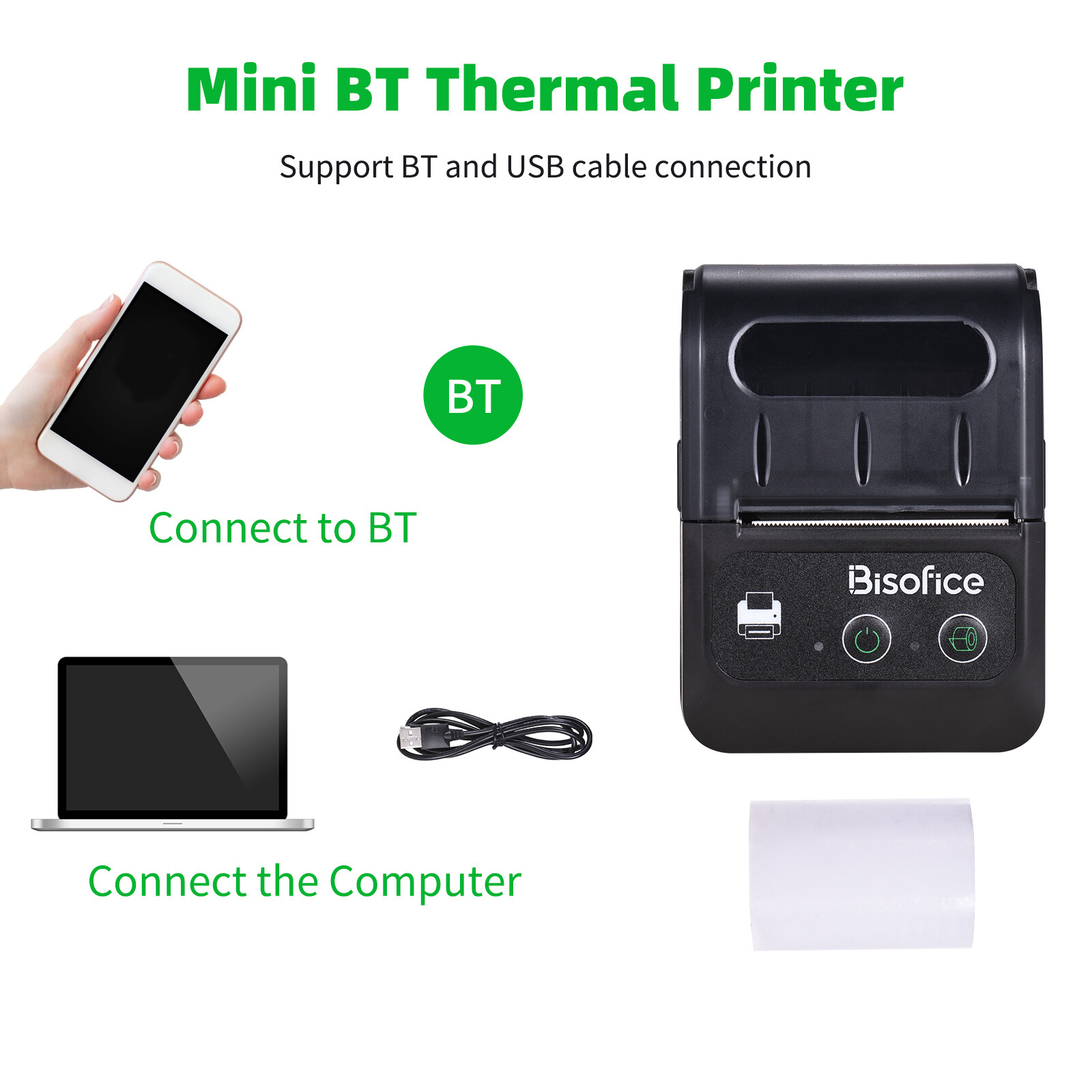 (Free 1 Roll Paper)Aibecy Portable Wireless BT Mini Thermal Printer 58mm 2 Inch Thermal Receipt Printer Command Compatible with Android/Windows for Small Business Restaurant Retail Store