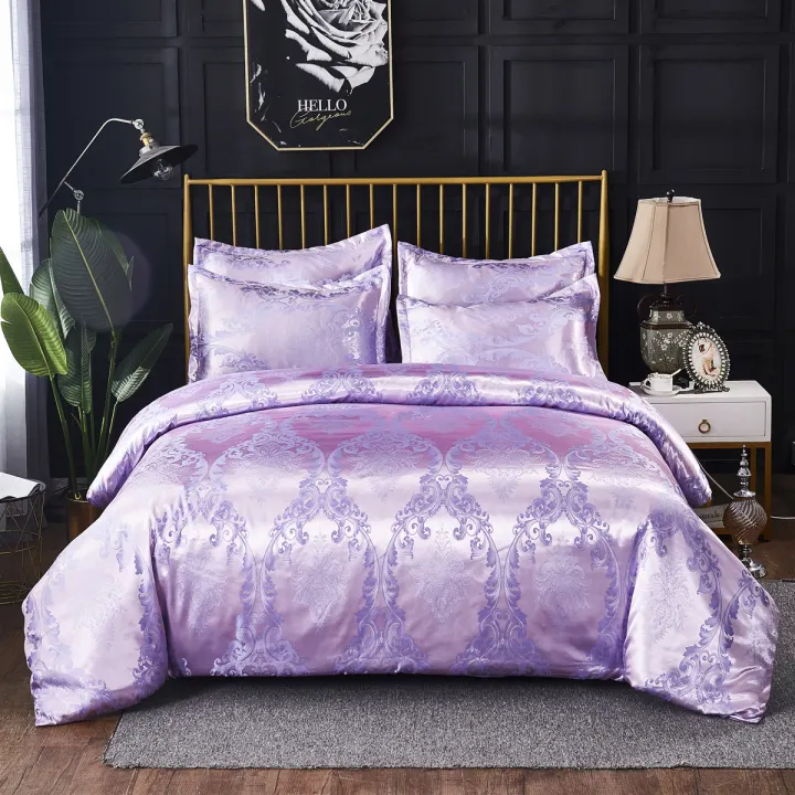 Luxury Silky Jacquard Fabric Duvet, Purple And Gold King Size Bedding