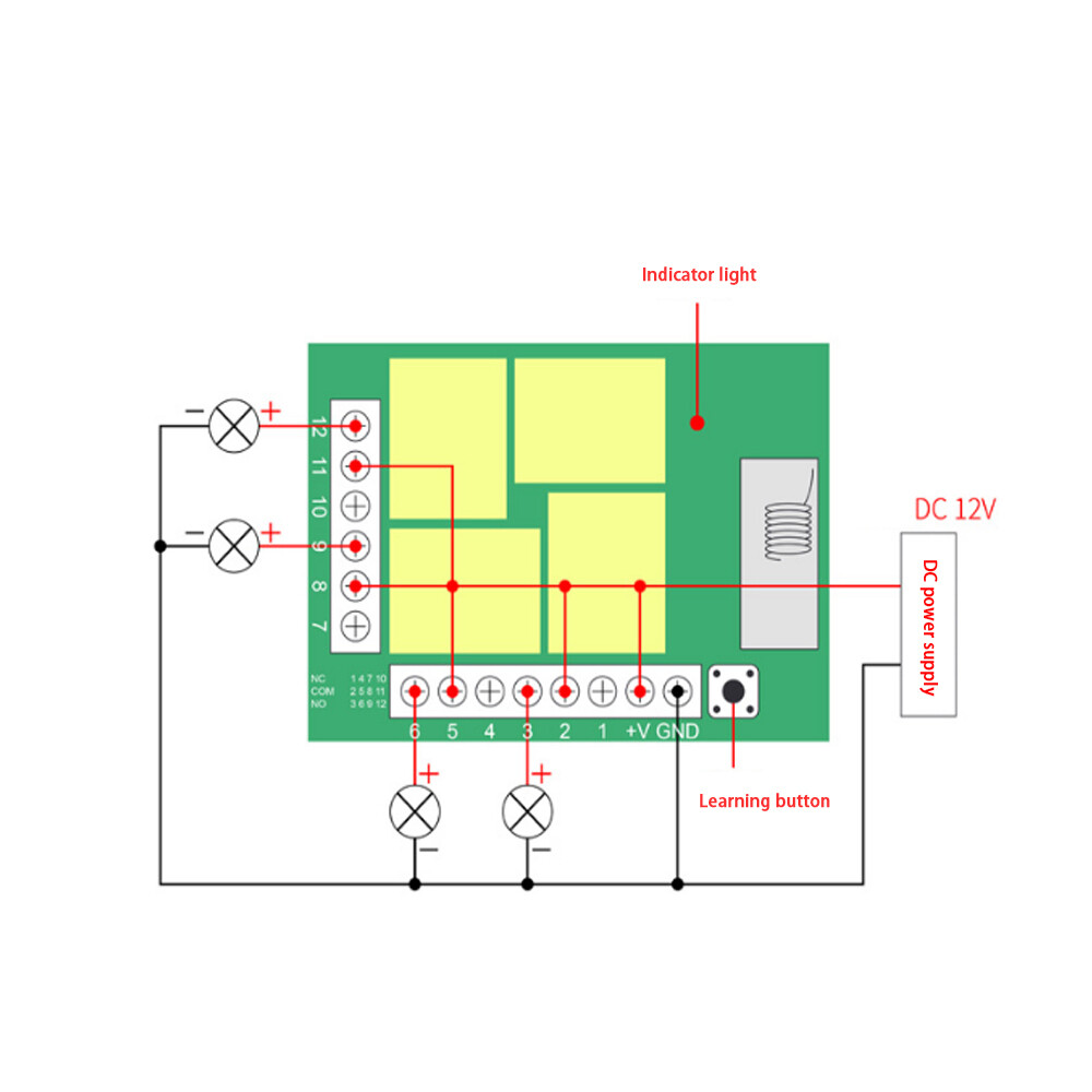 DC12V 433MHz peach wood 4-key ABCD remote control switch learning type DC four-way intelligent wireless control module relay receiver built-in battery