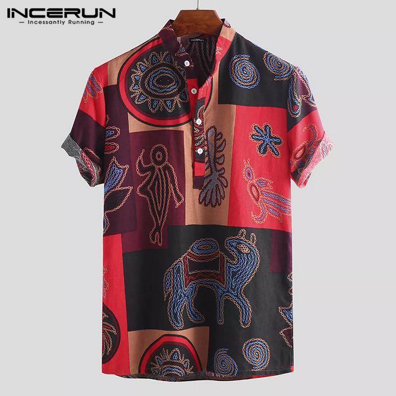 INCERUN Mens Short Sleeve Floral Shirt Grandad Neck Buttons Causal Party T shirt Tops