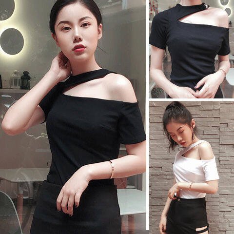 MSBEST Korean Solid Color Halter Neck Diagonal Strapless Sexy Short-sleeved Slim T-shirt Top Women