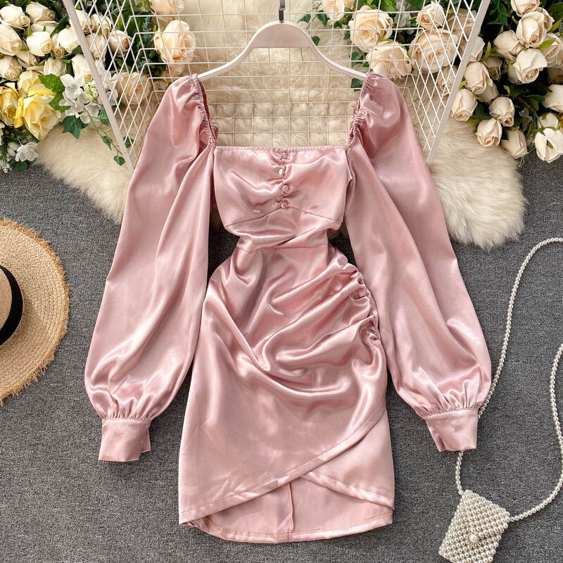 Đầm ngắn cổ điển cho nữ mới đầm dự tiệc satin cổ vuông tay dài xuân hè quần áo thanh lịch cho nữ