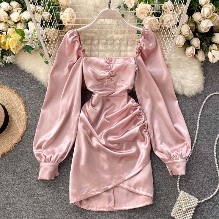 New Women Vintage Short Dress Spring Summer Long Sleeve Square Collar Satin Party Dresses Ladies Elegant Clothes – OEM >>> top1shop >>> lazada.com.ph