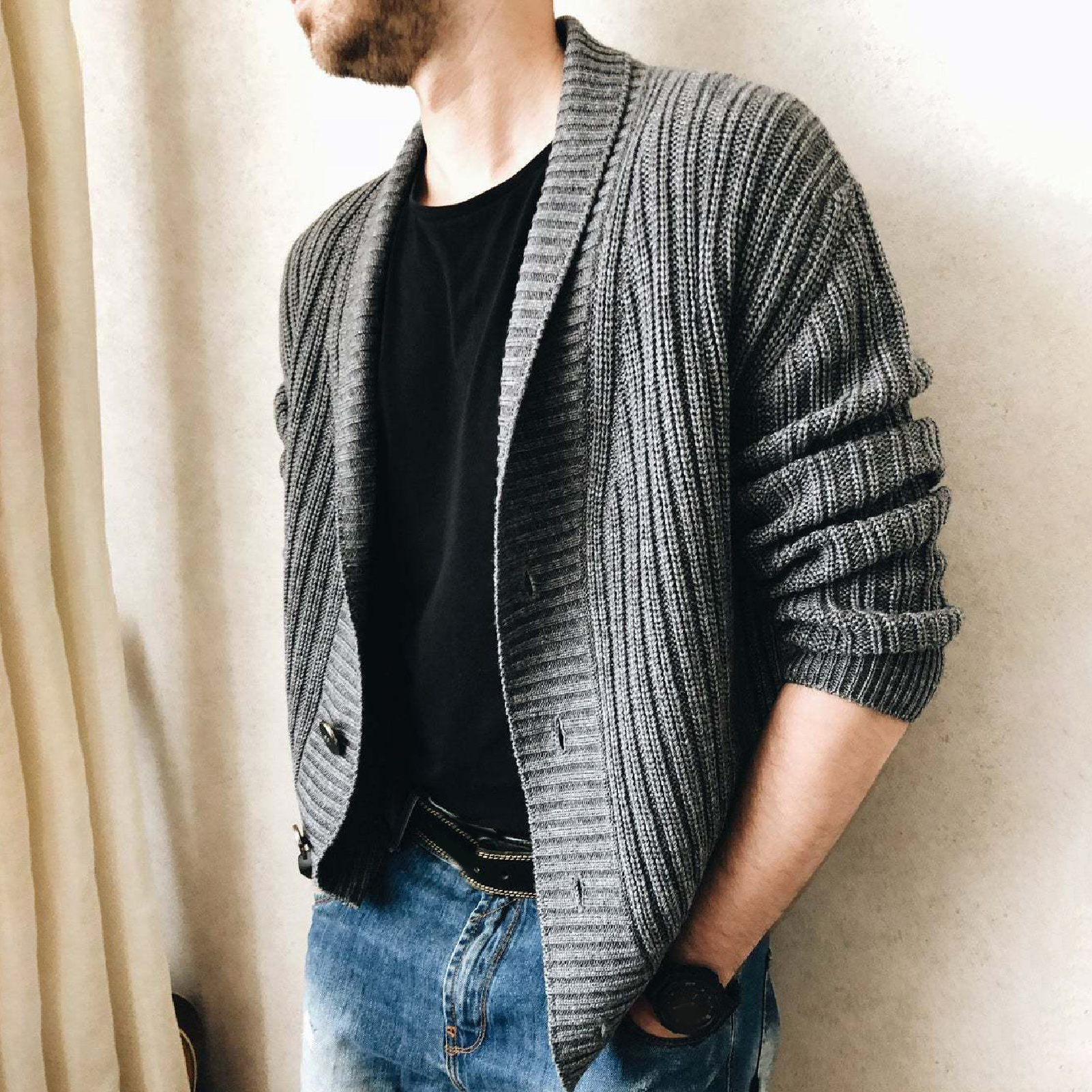 Simple Sweater Coat Solid Color Comfortable Simple Men Solid Color Knitted Sweater Coat for Outdoor
