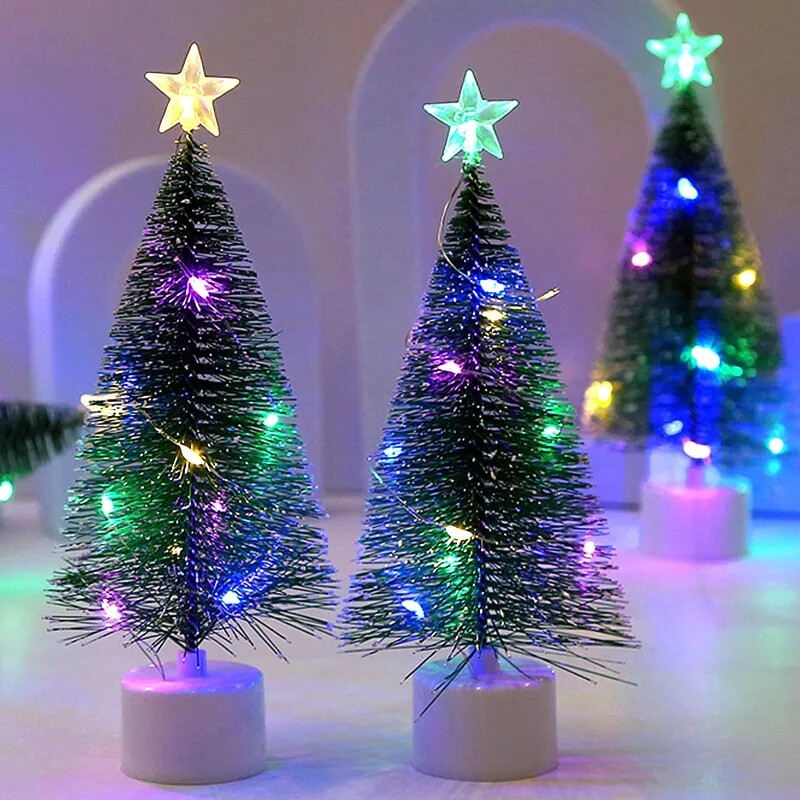 Mini Christmas Tree Ornaments with String Lights Pine Needle Xmas Tree for Home Desktop New Year Party Decoration Christmas Gift