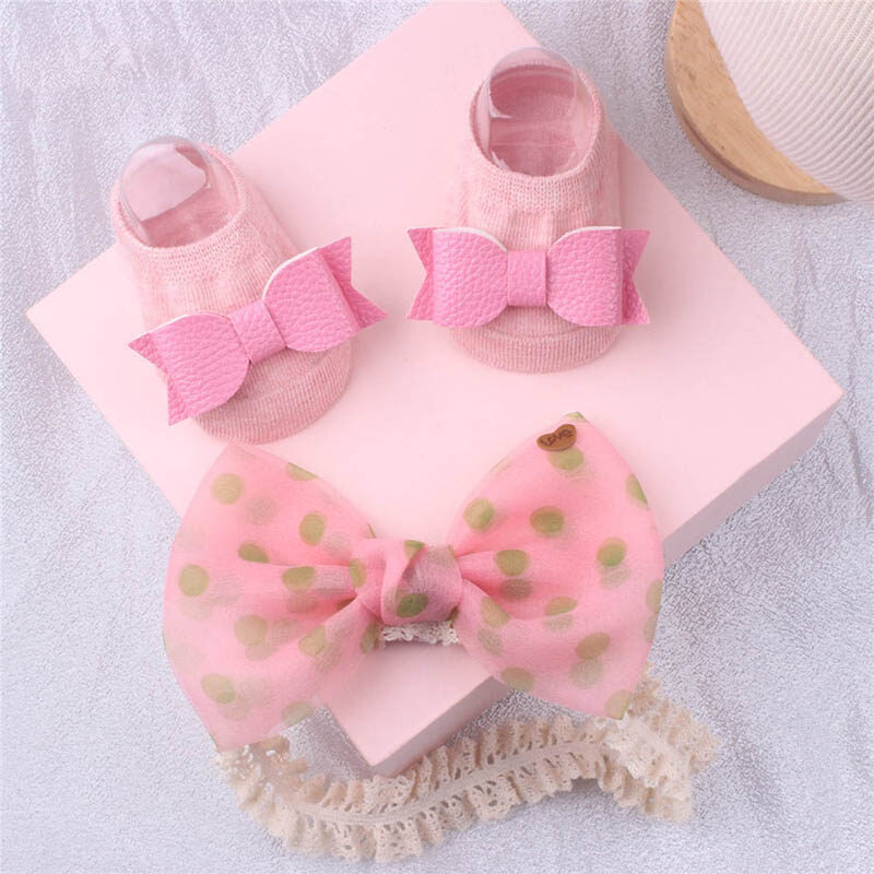 2 Pcs Baby Hair Bands Socks Set Solid Color Flower Bows Pearl Nylon Hairband For Newborn Infant Soft Elastic Sweet Girl Socks