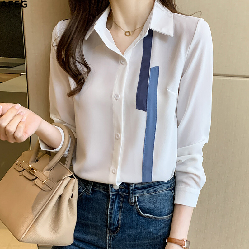 AFEG new Korean shirt collar fashion all-match temperament color matching chiffon long-sleeved shirt for women