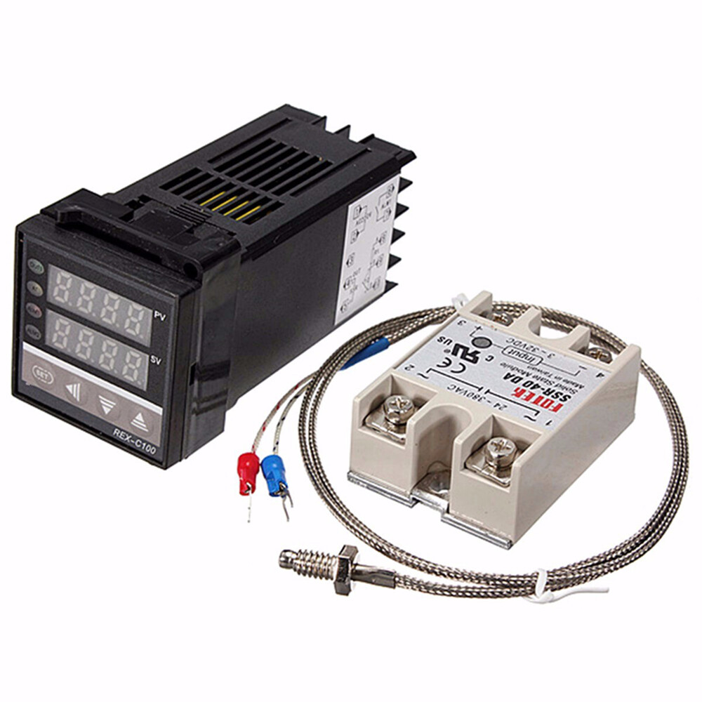 NANWEI Digital LCD PID REX-C100 Temperature Controller Set + K Thermocouple + Max.40A SSR