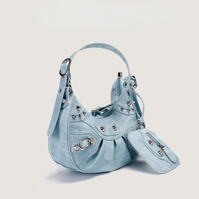JIVIVIL👸Women's shoulder bag fashion retro crossbody bag biker bag riveted tassel crescent moon bag pleated shoulder bag