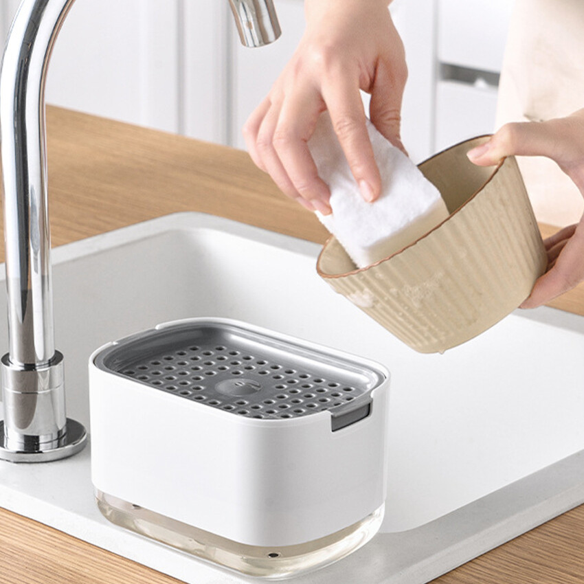 Manual Press Dishwashing Container Double Layer Cleaning Liquid Box Soap Pump Dispenser Detergent Dispenser Foam Bottle W/ Sponge