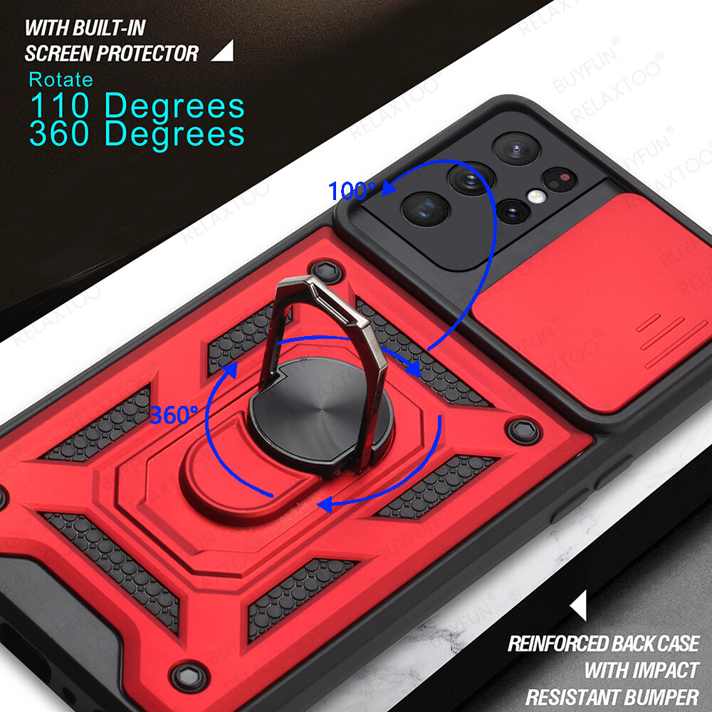 For Samsung Galaxy S21 Ultra Ring Stand Push Pull Camera Protect Case For Samsung Galaxy S20 S21Plus Ultra S20 FE S21 FE Car Magnetic Stand Ring Armor Shockproof Coque For Samsung Galaxy Note 20 Ultra