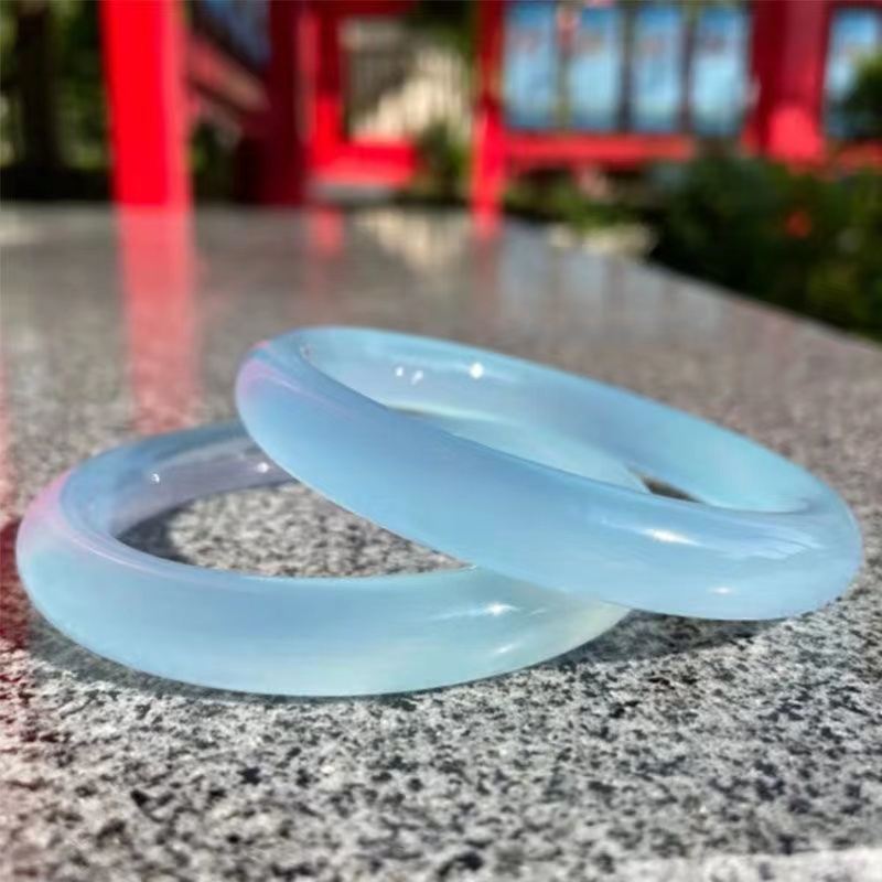 Natural Ice Sky Blue Agate First Thick Round Bar Bangle Light Blue Chalcedony Agate Bracelet Fat Round Bar