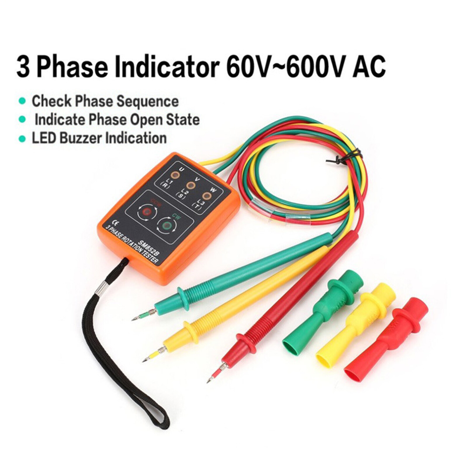 BDZL SM852B Digital Phase Detector Professional Intelligent Dual-use Accurate High Performance Check Phase Sequence Portable 3 Phase Rotation Tester Indicator LED Buzzer for Industry Phase Sequence Meter