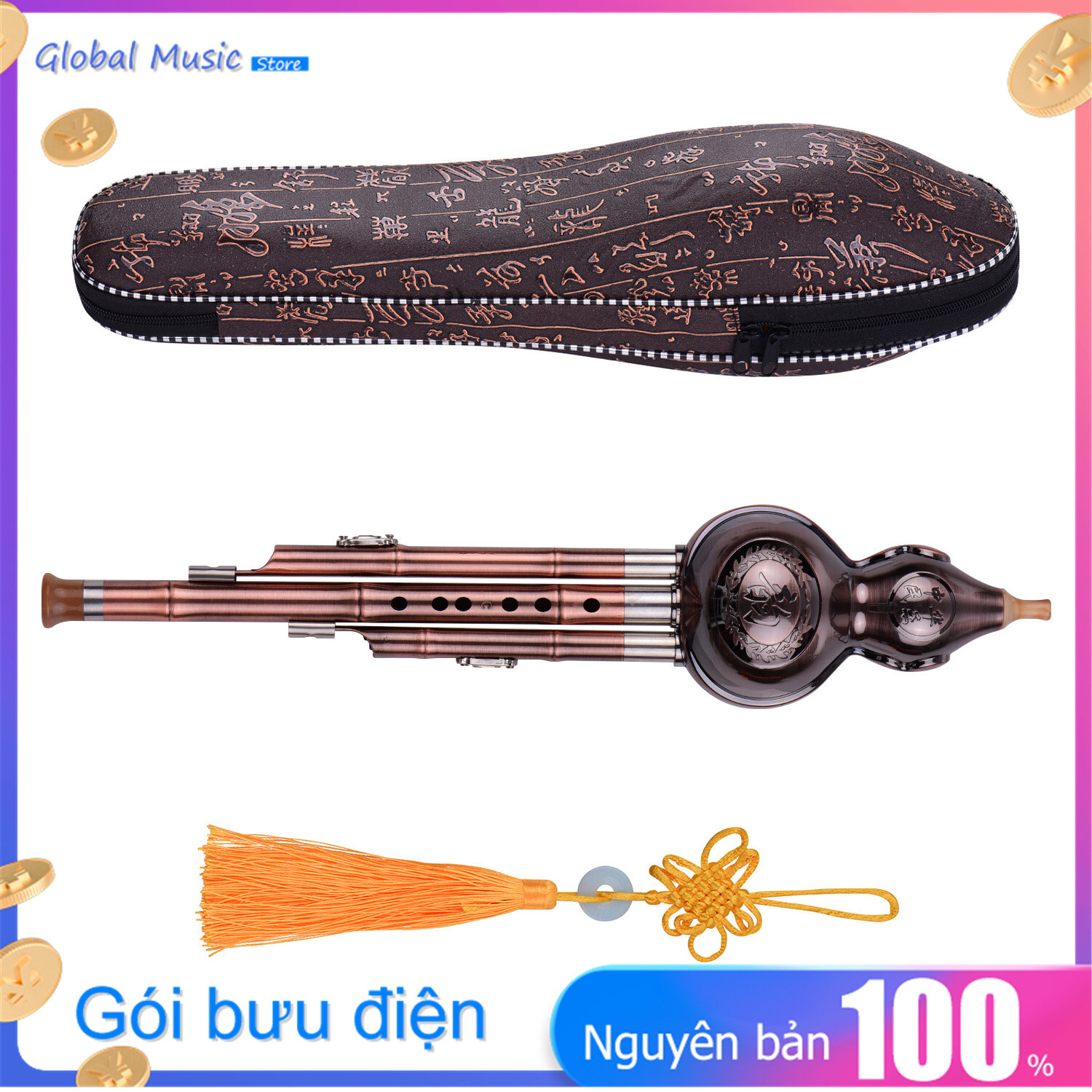 3 Tone C-Key Hulusi Gourd Cucurbit Flute Aluminum with Copper Plated Pipes Chinese Traditional Instrument with Chinese Knot Carry Case for Beginners Musical Amateurs