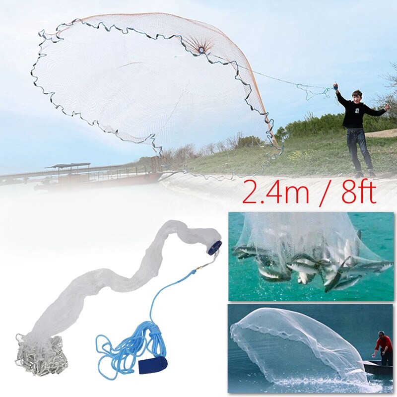 8Ft 2.4M Fishing Net Bait Easy Throw Hand Cast 3/4 inch Strong Nylon ...