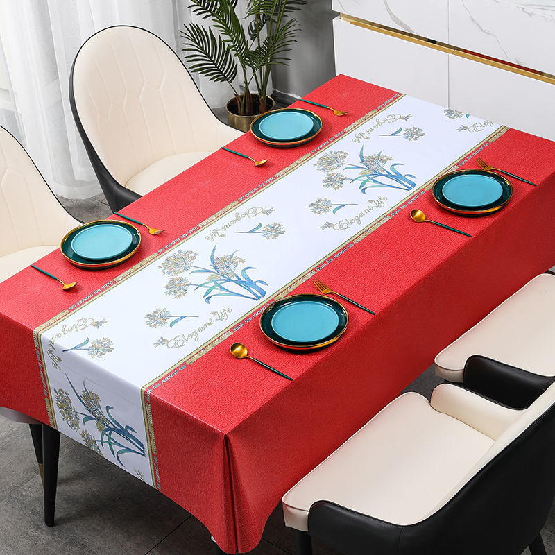 High-end New Chinese-style Festive Red Tablecloth Waterproof and Oil-proof Wash-free Rectangular Dining Table Home