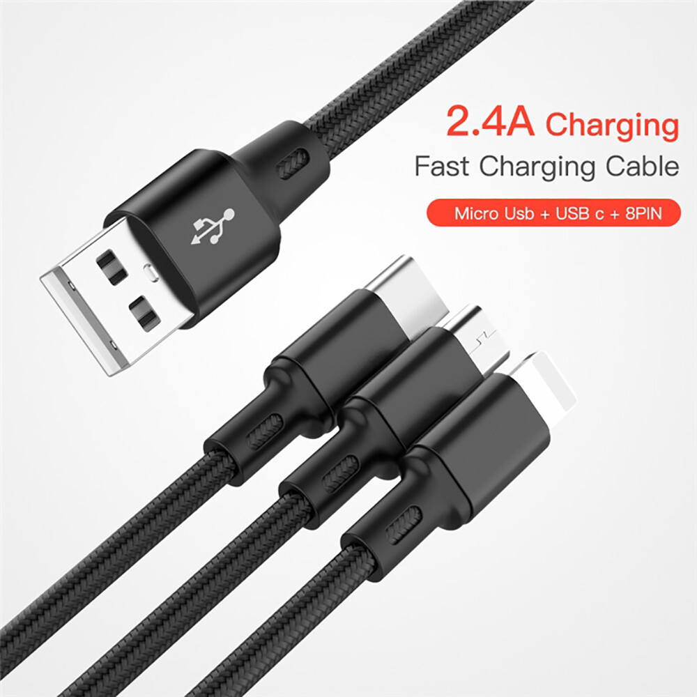BOKEWU 3 In 1 USB Cable 8 Pin Micro USB Type C Fast Charging Cable for Android iPhone