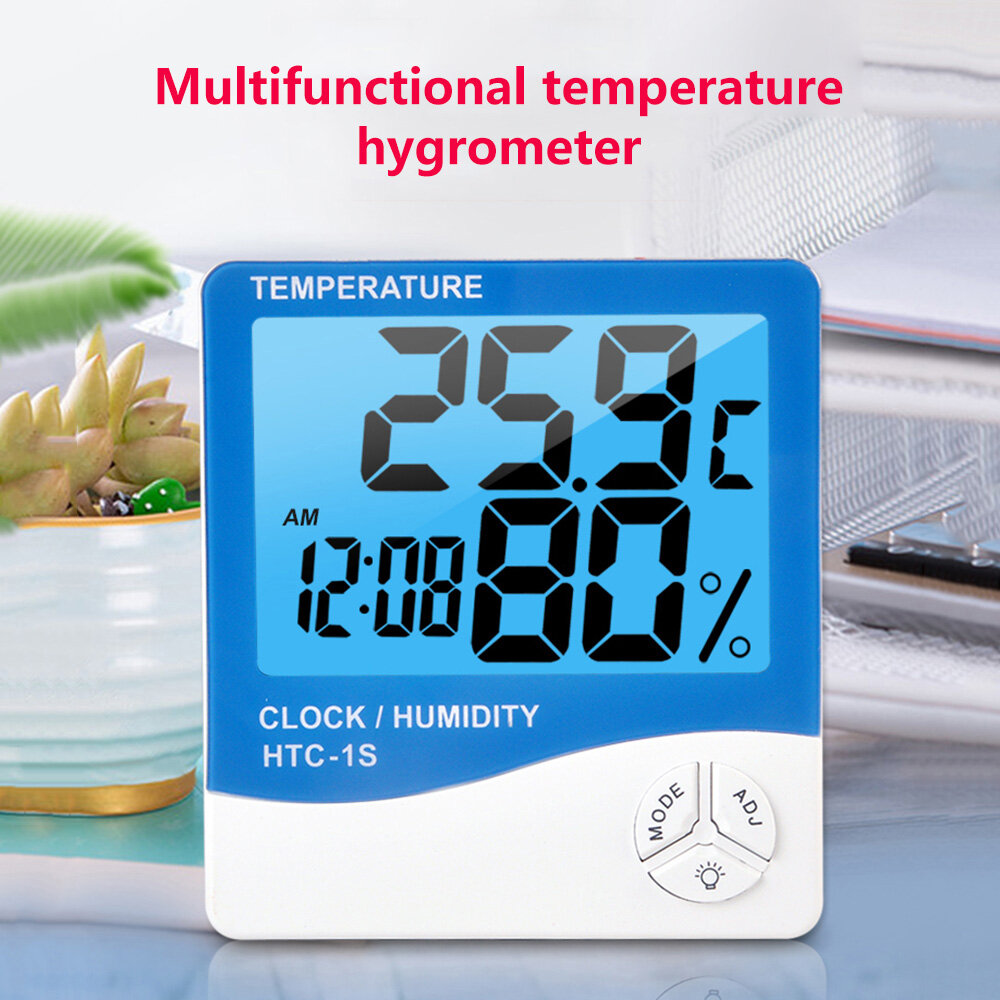 Voktta HTC-1S kỹ thuật số Nhiệt kế đo độ ẩm đèn nền Nhiệt kế đồng hồ dụng cụ đo độ ẩm và chuông báo