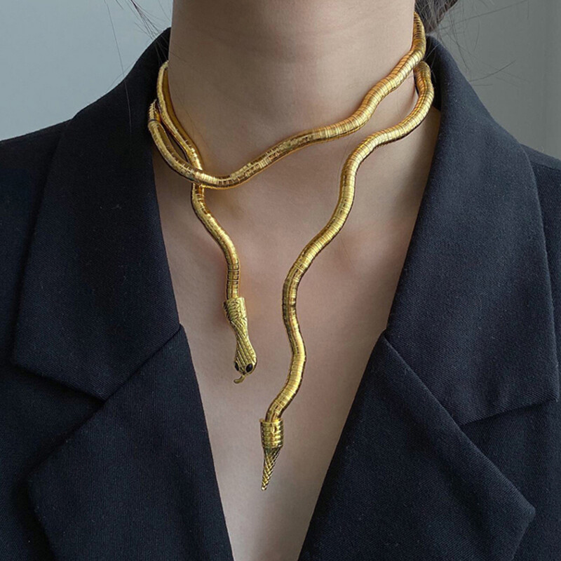 2021 New Punk Cool Bendy Multilayer Metal Alloy Gold Black Color Snake Necklace for Women and Men Jewelry