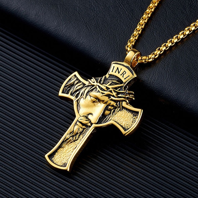 Vintage Stainless Steel Jesus Cross Pendant Necklace Men Boy Biker Cross Jesus Necklace Chain Talisman Jewelry Gift