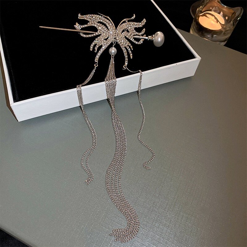 Diamond Butterfly Pearl Tassel Hairpin Fashion Temperament High Sense Hair Clip Back of The Head Curly Hair Pins Small Personality Hair Accessories