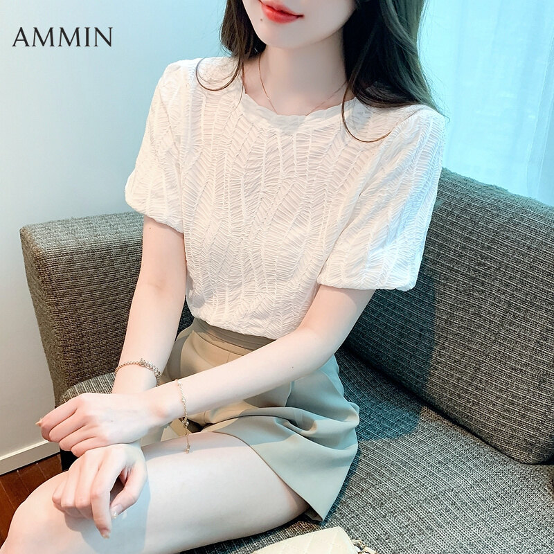 AMMIN Summer New Women's Short Sleeve Pleated Design Bubble Sleeve Lace Top