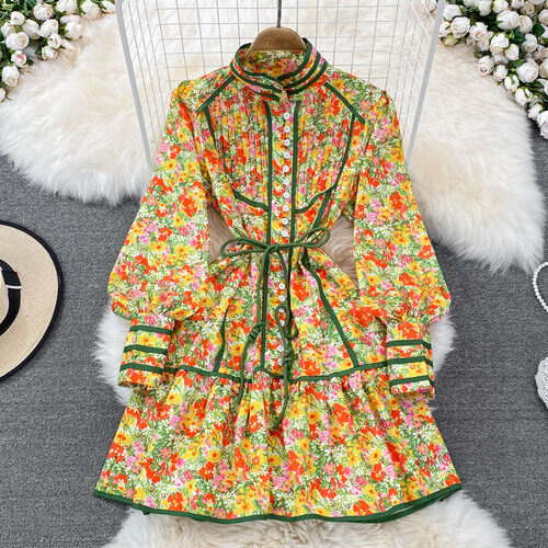 Gorgeous Dignified and Elegant Ladies Stand-up Collar Long-sleeved Single-breasted Loose Waist Tie Slim Floral Print Short Dress Dress 2022 New