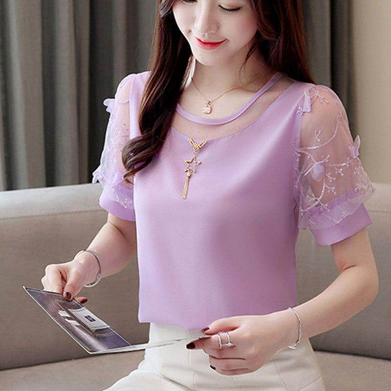 Summer Women Blouses And Top Puff Chiffon Short Sleeve O Neck Female Shirts Office Lady Casual Plus Size