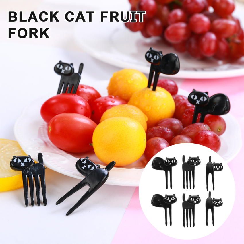 6pcs Mini Fork Fruit Picks Cute Cartoon Animal Cat Fork Bento Decor Accessories Black Color