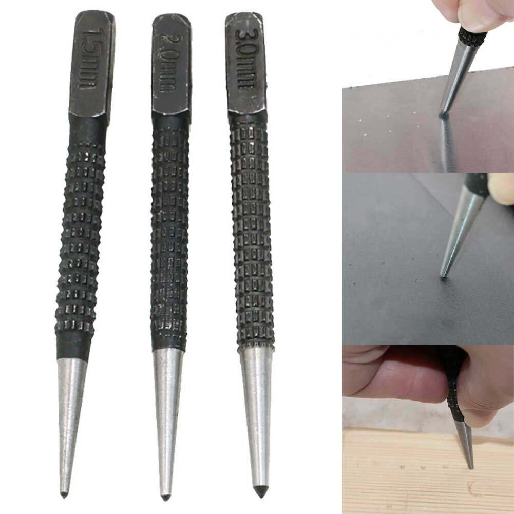 3Pcs 1.5mm/2mm/3mm Alloy Steel Center Punch Metal Wood Marking Drilling ToolHigh Hardness Professional Grade Sample Punch Center Punch Positioning Punch Cylindrical Punch Fitter Drilling Punch Punch Ejecting Punch